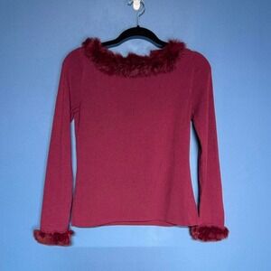 Maroon Faux Fur Trim Sweater Women's Size Small Burgundy Red Retro Hipster